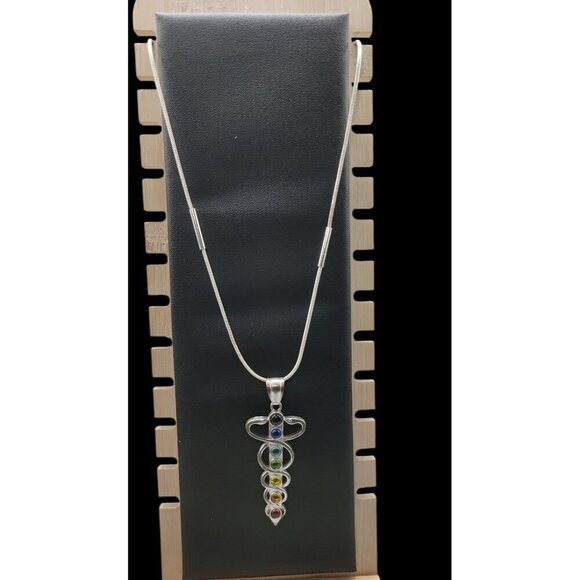Chakra Healing Caduceus Pendant Necklace Faux Gemstones 35" Chain Silver Tone - Picture 5 of 16